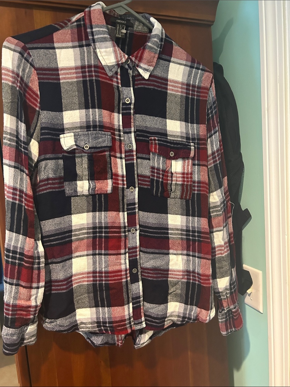 Forever 21 Red, Navy Blue & White Plaid Button-Down Shirt